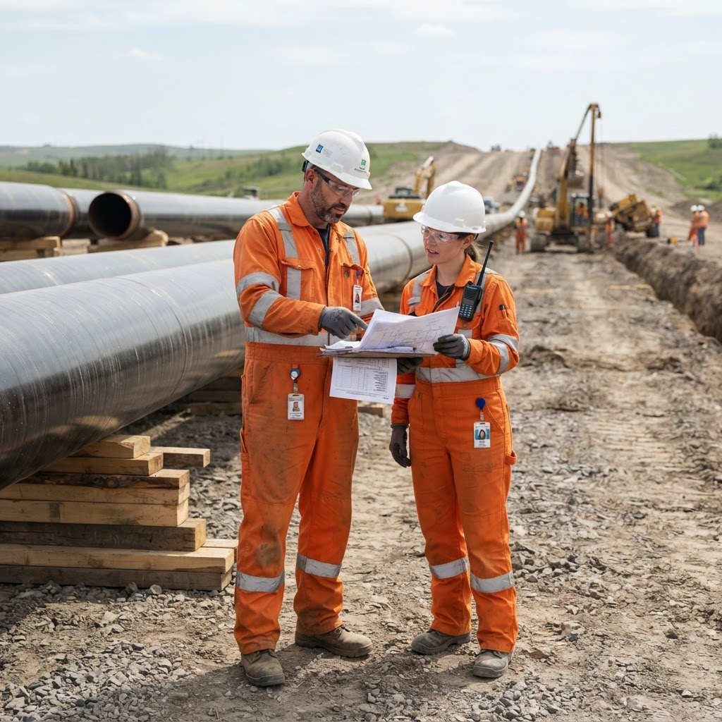 Two inspectors in hi-vis coveralls reviewing documentation at a pipeline site