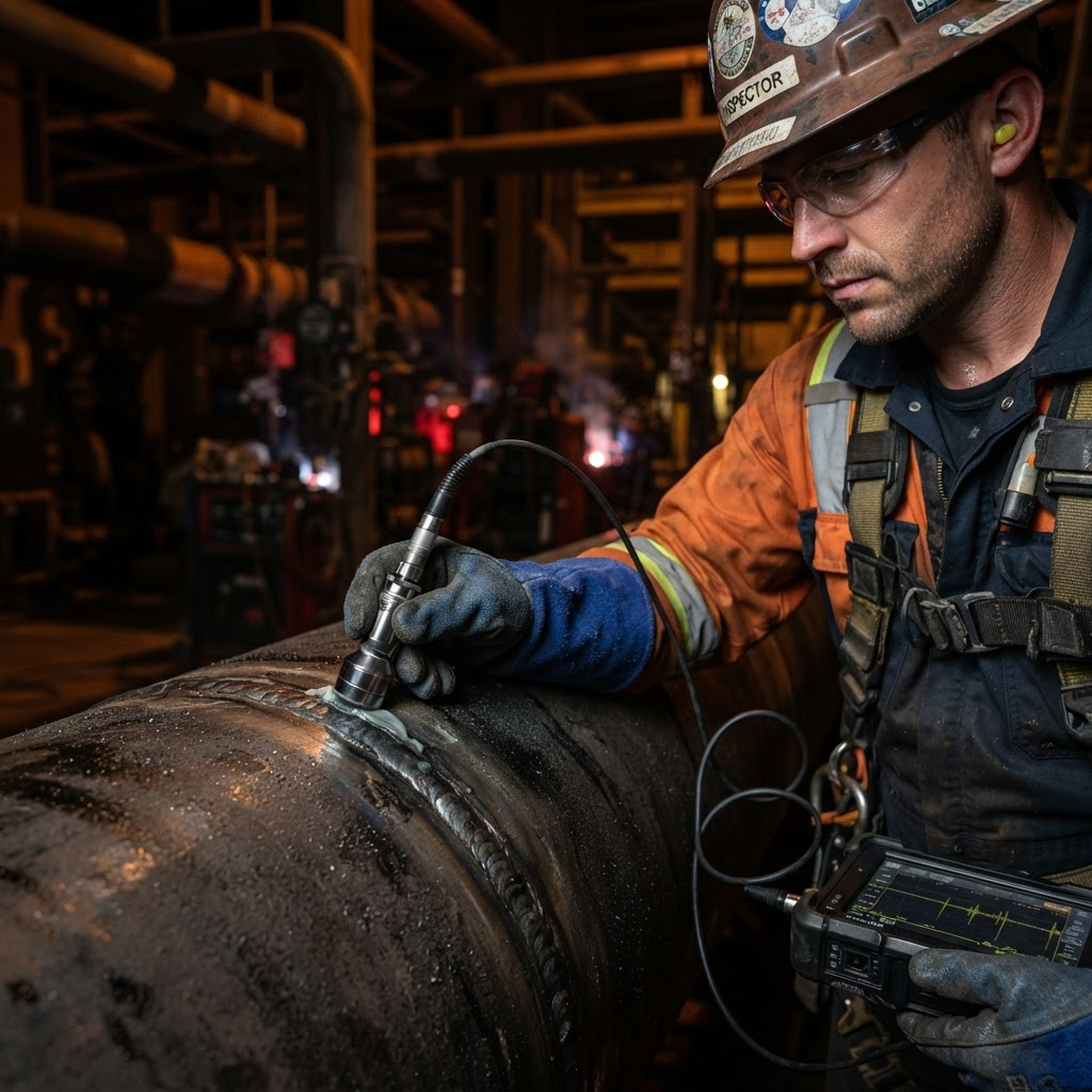 Certified inspector performing ultrasonic testing on a pipeline weld