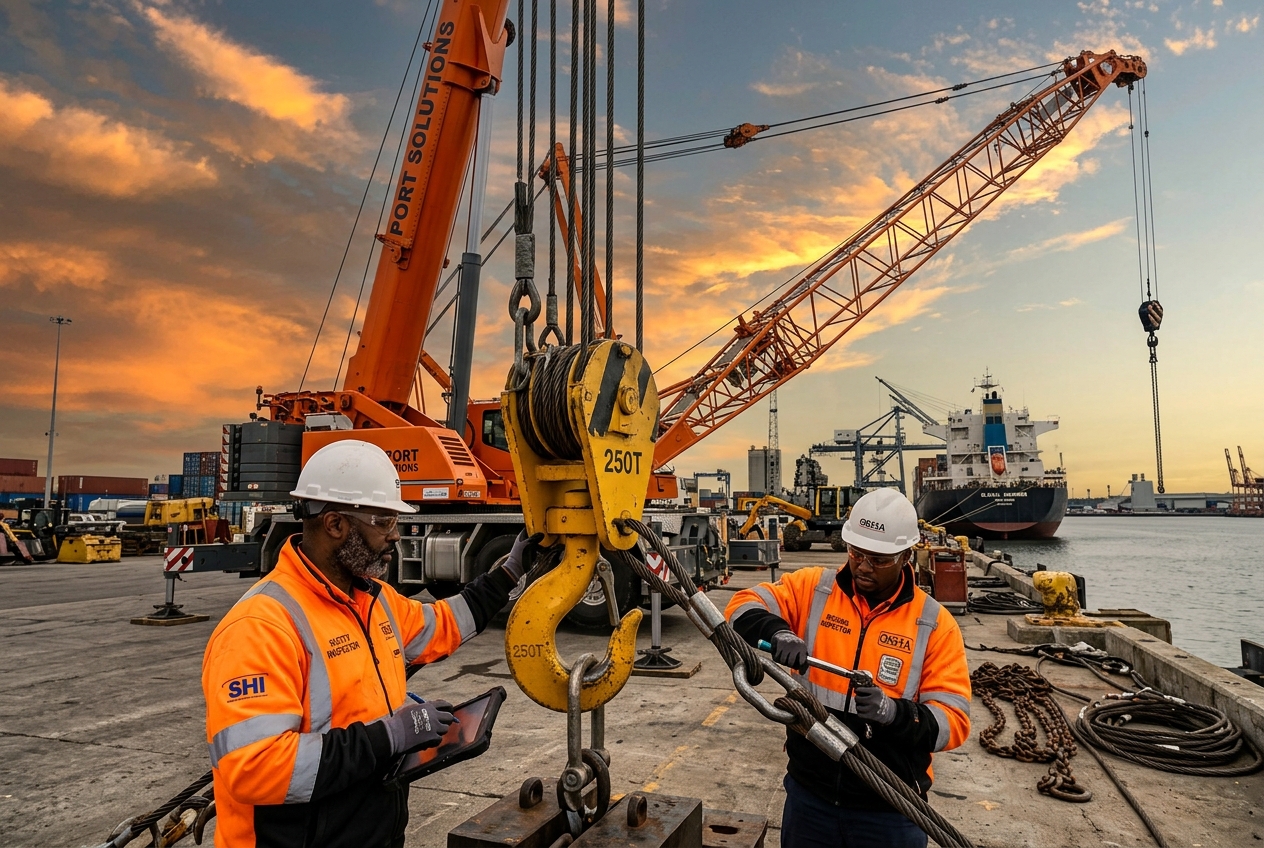 African American shipyard rigging safety inspectors at work