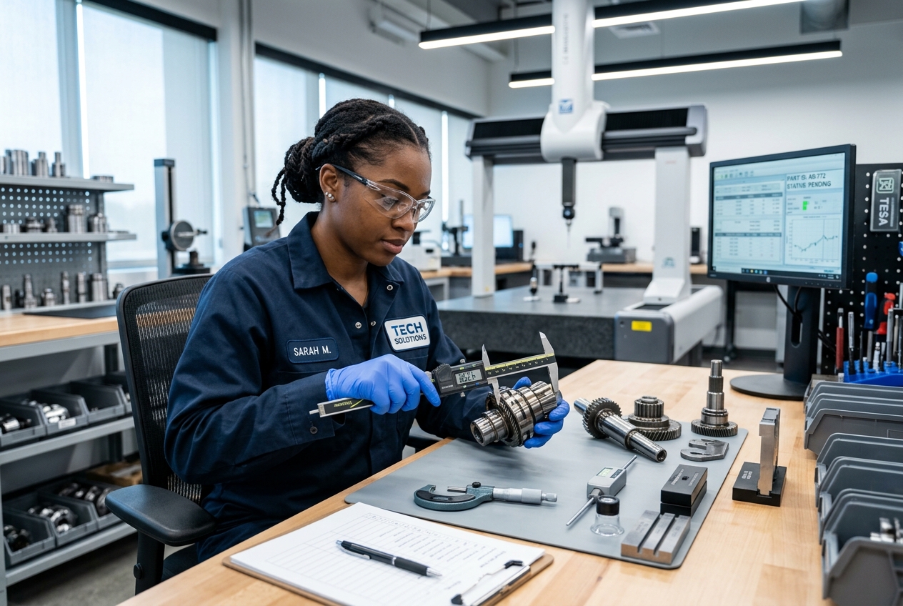 African American female quality control inspector checking parts